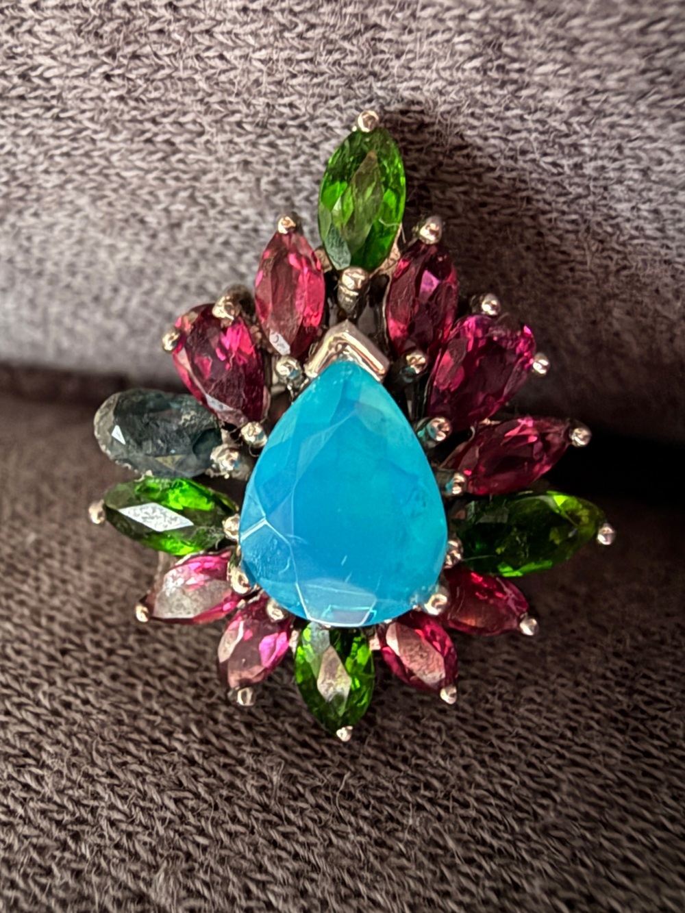 Artisan 925 Floral Ring: Natural Blue Opal & Garnet Diopside Blue topaz  Sz7.5